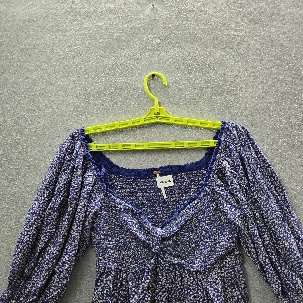 Free People Women Blouse S Blue Floral Brittnee Printed Peplum Ruffle Crop  Boho